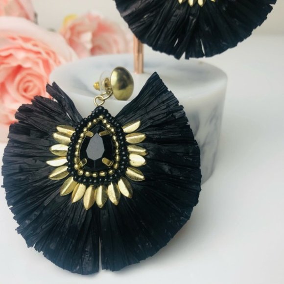 Black Large Light weight Fringe Earrings - Picture 3 of 4